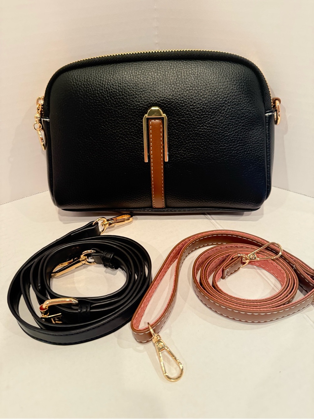 NEW Jin Lumin Black Crossbody Bag with Tan Accent & Two interchangeable Straps